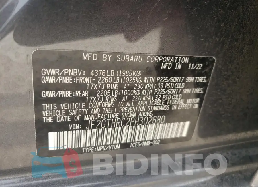 JF2GTHRC2PH302680 Photo# 14