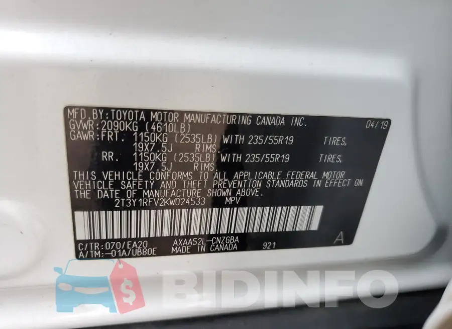 2T3Y1RFV2KW024533 Photo# 14