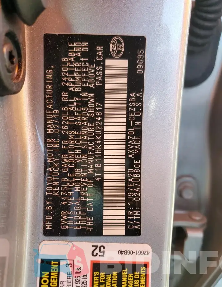 4T1B11HK4KU224817 Photo# 12