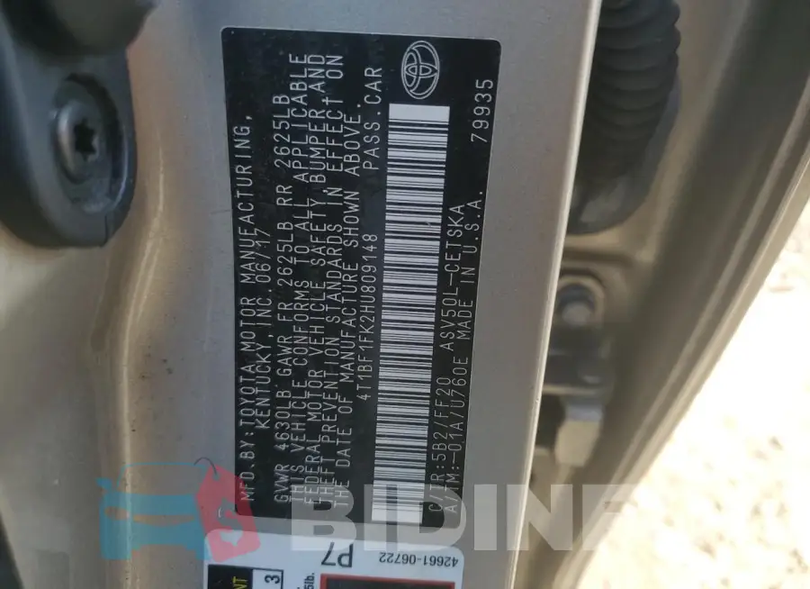 4T1BF1FK2HU809148 Photo# 13