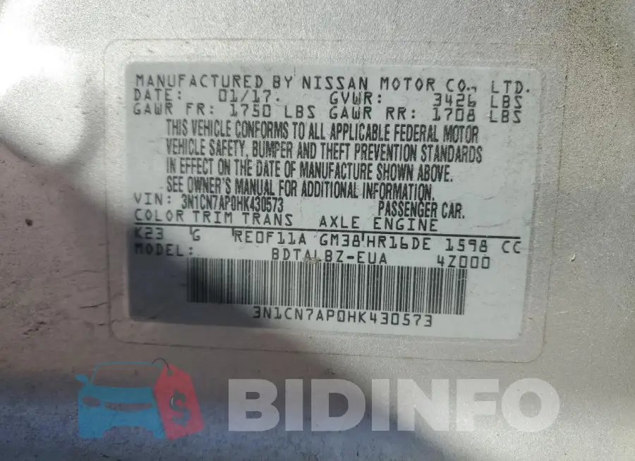 3N1CN7AP0HK430573 Photo# 12