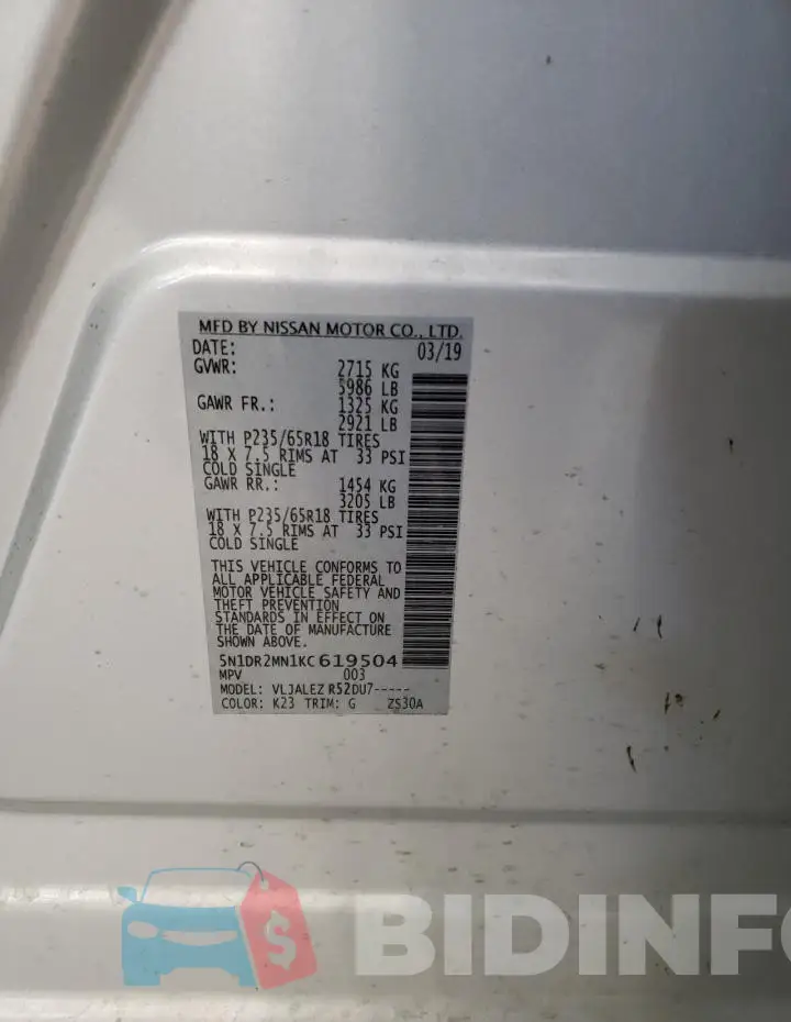 5N1DR2MN1KC619504 Photo# 13