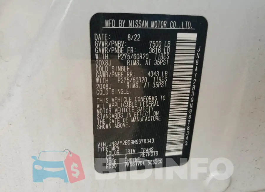 JN8AY2BD9N9678343 Photo# 14