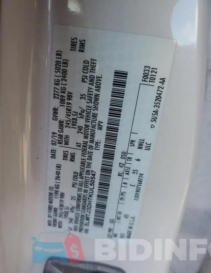 5LMTJ3DH7KUL50547 Photo# 12