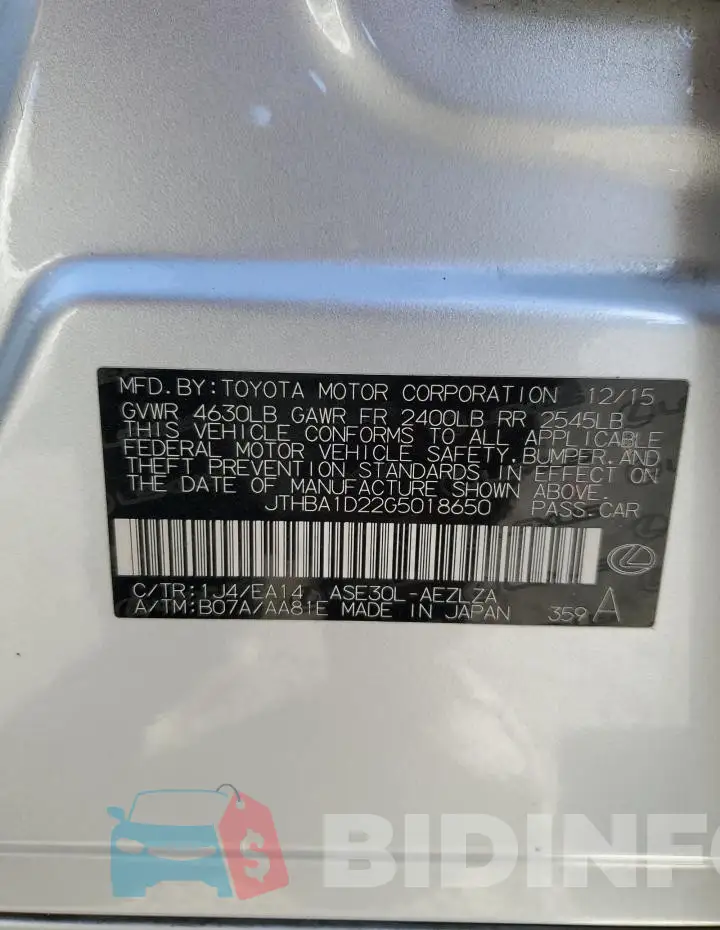 JTHBA1D22G5018650 Photo# 12