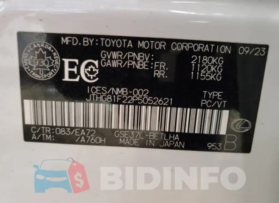 JTHG81F22P5052621 Photo# 13