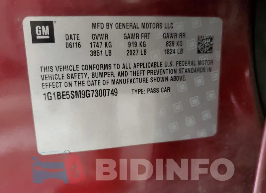 1G1BE5SM9G7300749 Photo# 12
