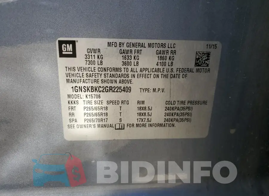 1GNSKBKC2GR225409 Photo# 12