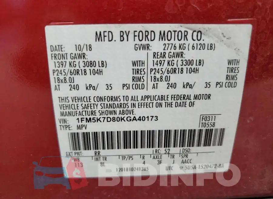 1FM5K7D80KGA40173 Photo# 14