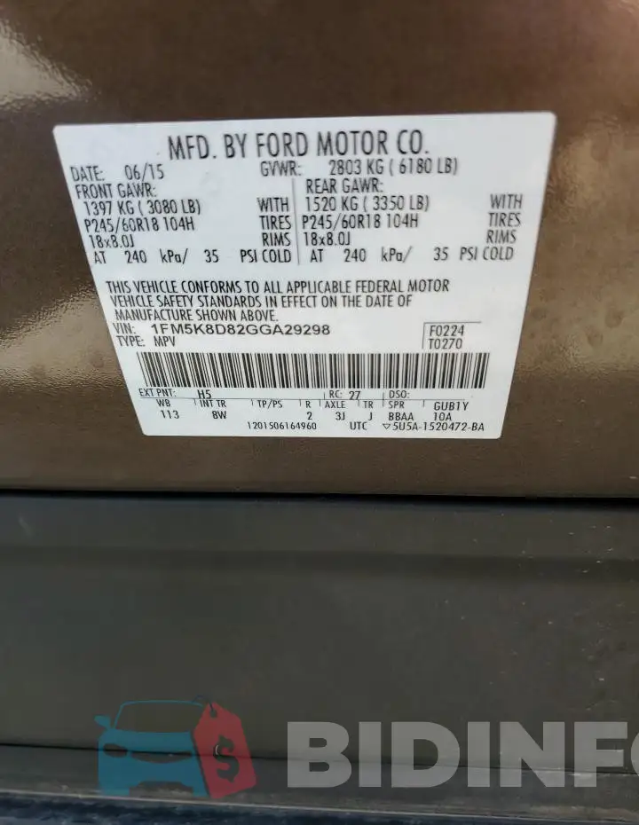 1FM5K8D82GGA29298 Photo# 13
