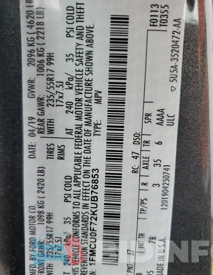 1FMCU0F72KUB76853 Photo# 14