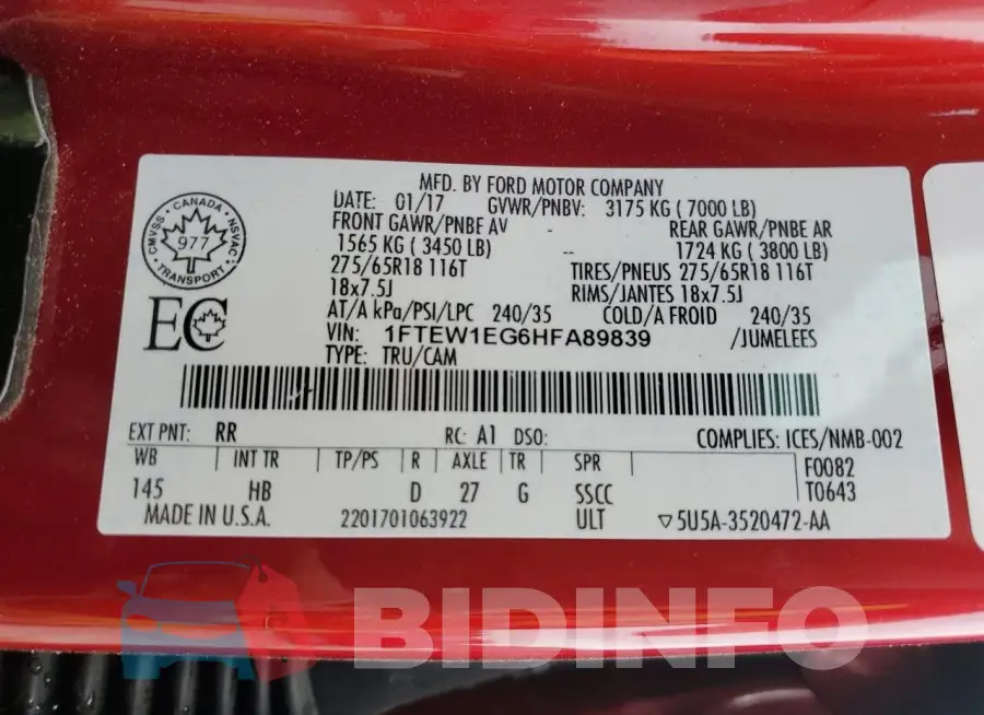 1FTEW1EG6HFA89839 Photo# 13