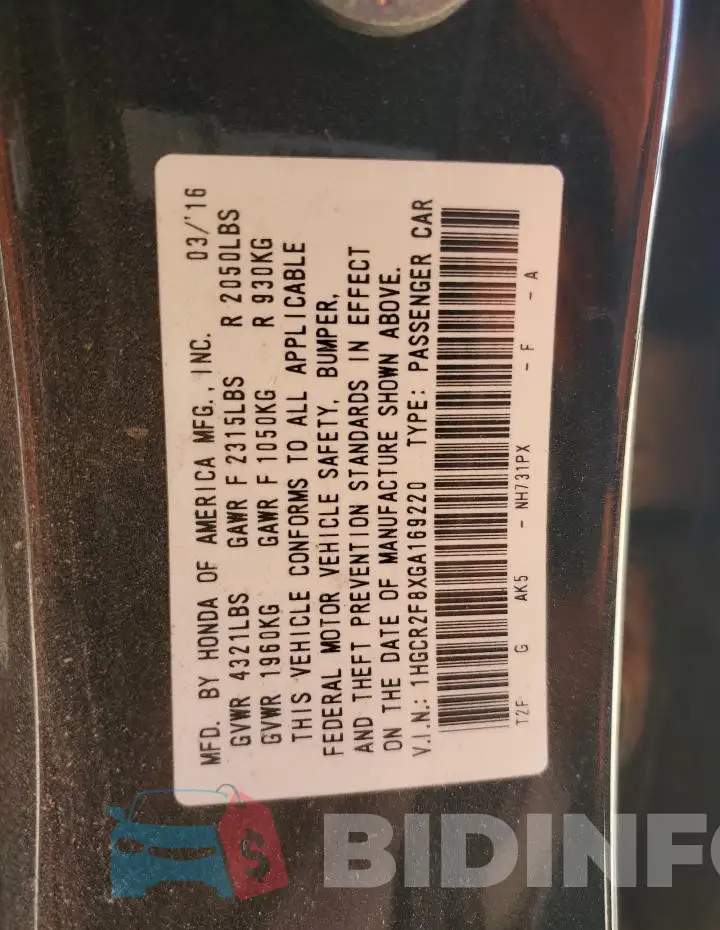 1HGCR2F8XGA169220 Photo# 13