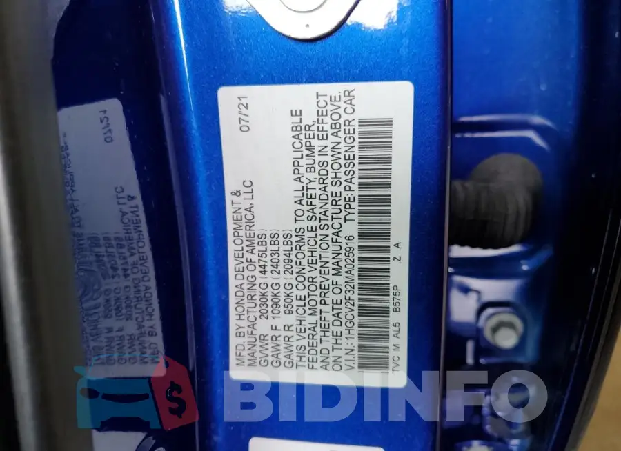 1HGCV2F32MA025916 Photo# 12