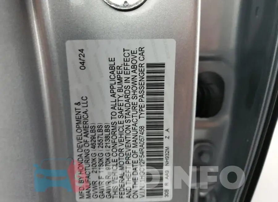 1HGCY2F54RA057458 Photo# 12
