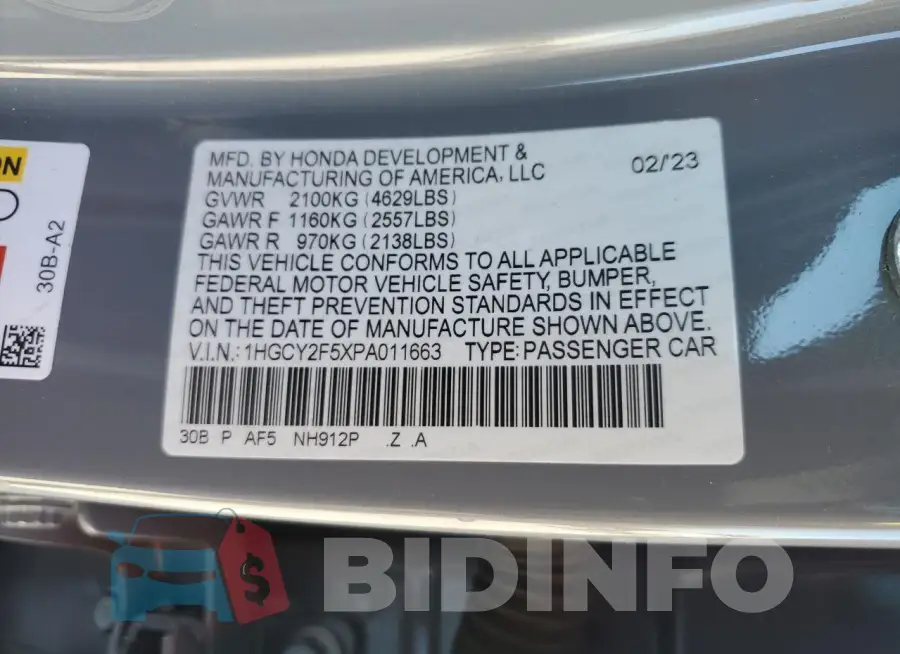 1HGCY2F5XPA011663 Photo# 12