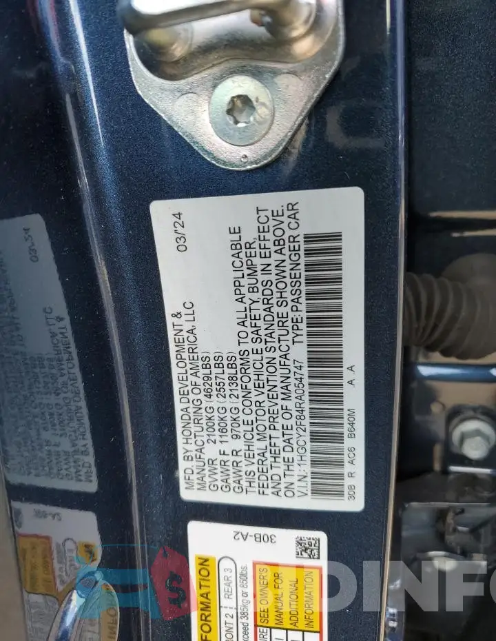 1HGCY2F84RA054747 Photo# 12