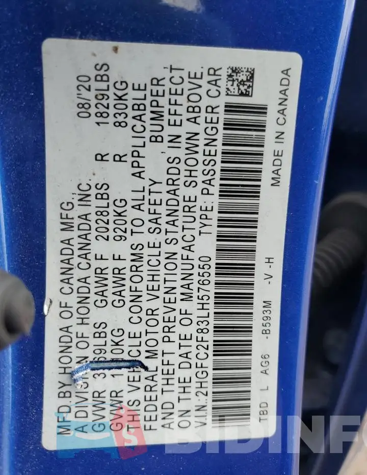 2HGFC2F83LH576550 Photo# 13