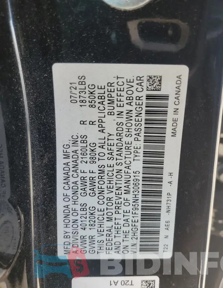 2HGFE1F95NH306915 Photo# 12