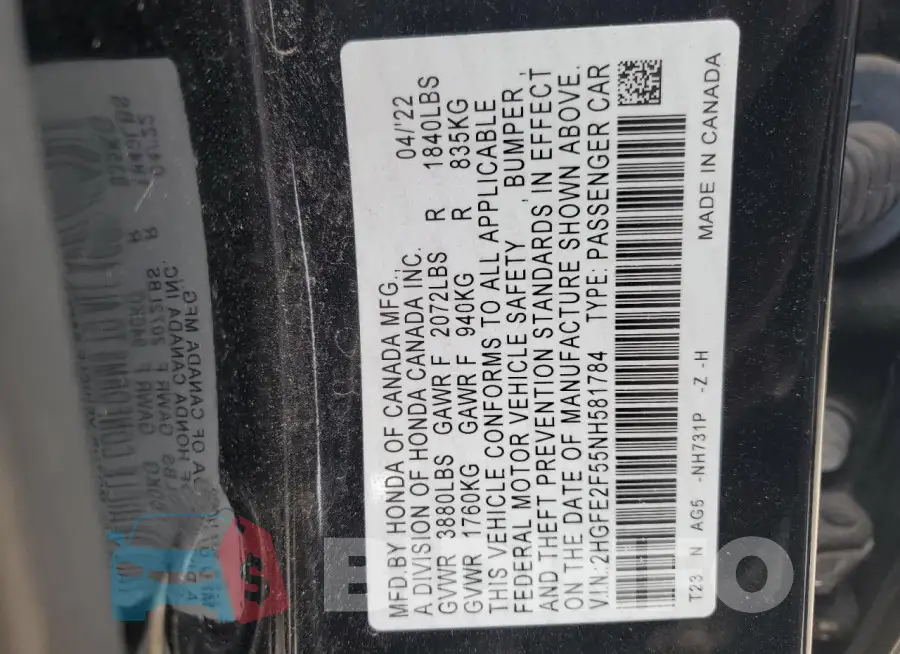 2HGFE2F55NH581784 Photo# 12