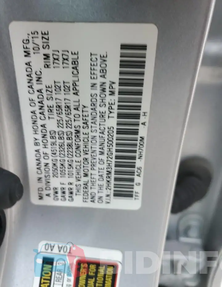 2HKRM3H72GH500205 Photo# 12