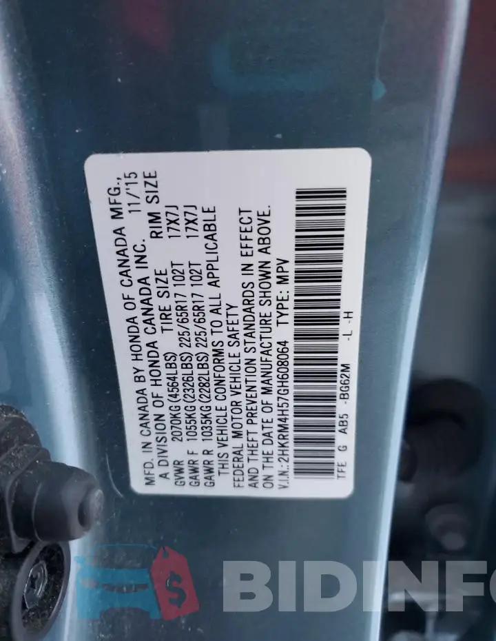 2HKRM4H57GH608064 Photo# 13