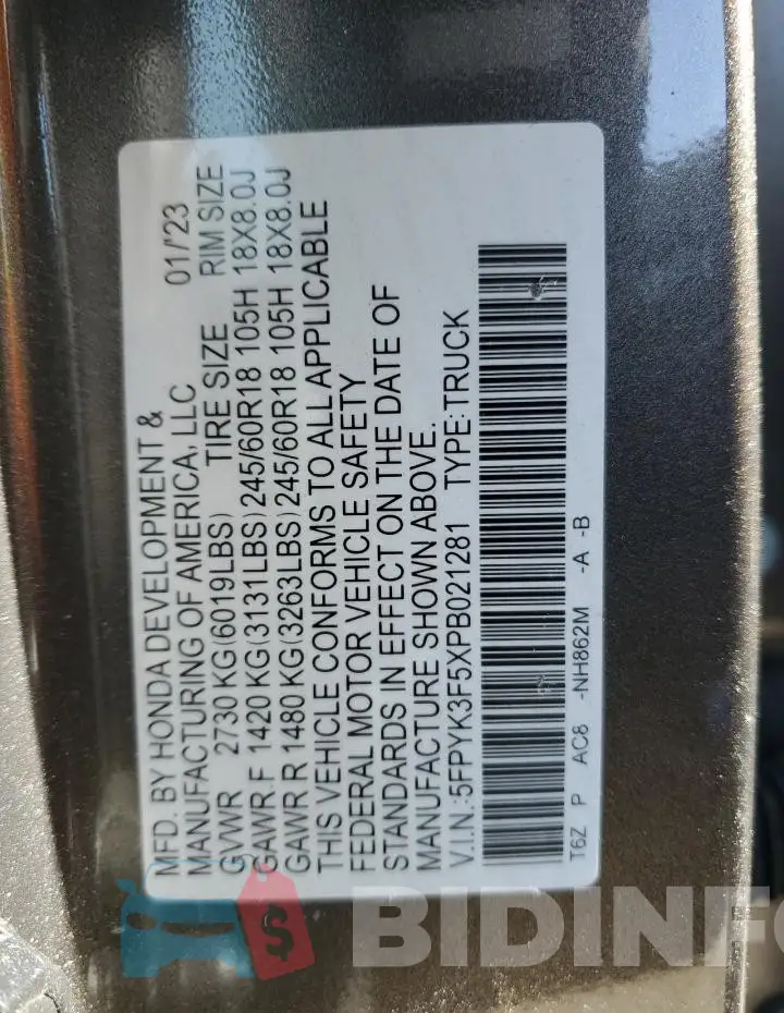 5FPYK3F5XPB021281 Photo# 13