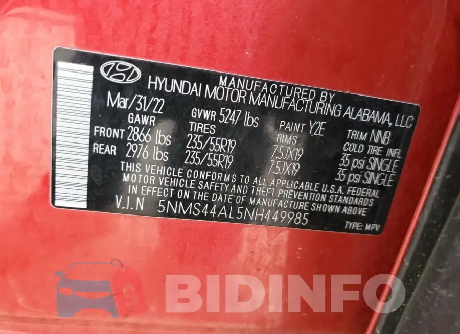 5NMS44AL5NH449985 Photo# 13