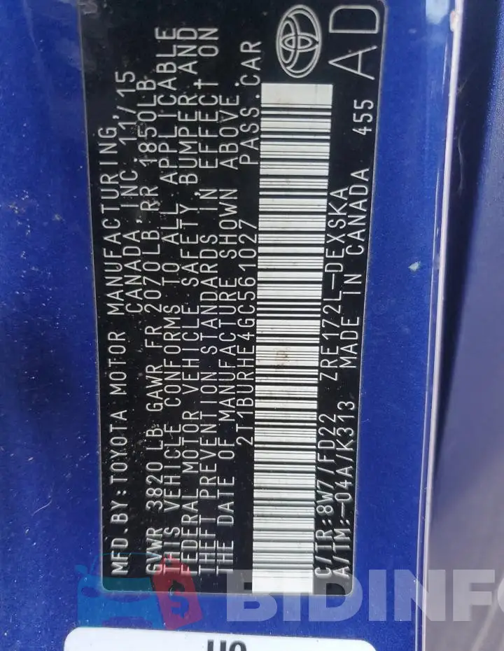 2T1BURHE4GC561027 Photo# 13