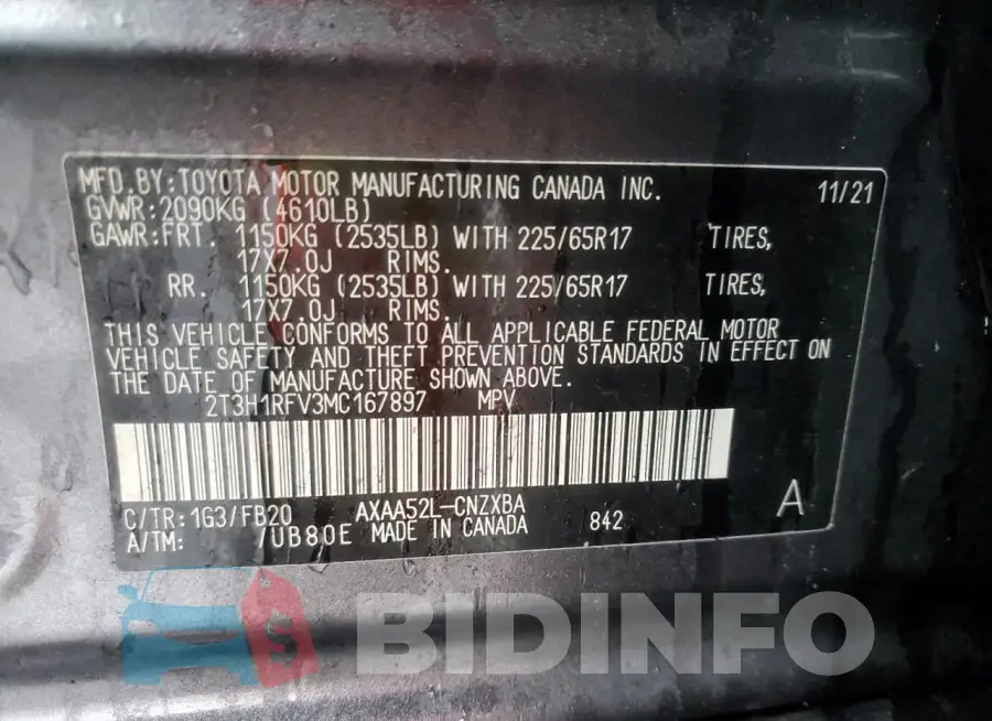 2T3H1RFV3MC167897 Photo# 14