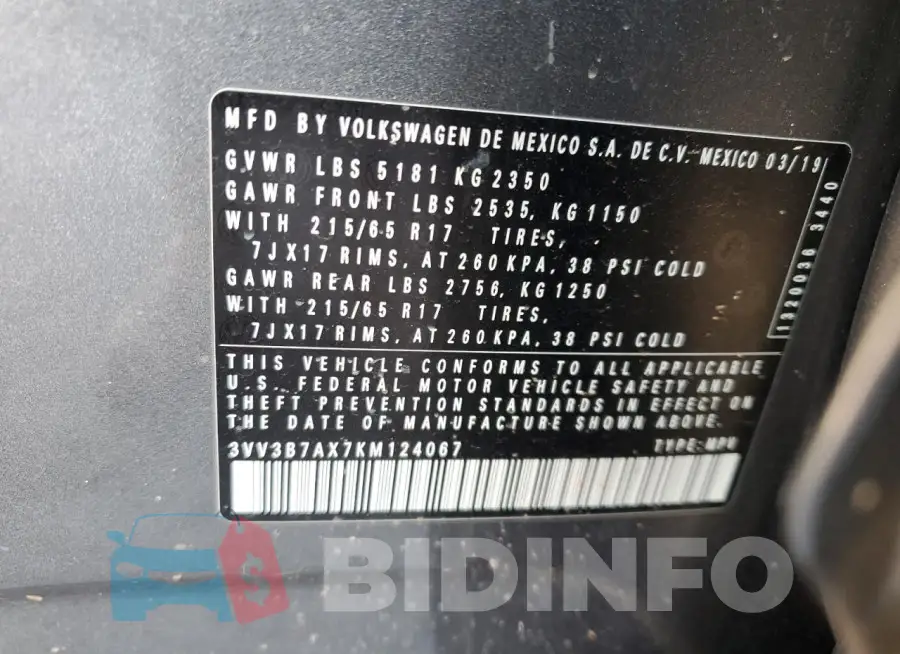 3VV3B7AX7KM124067 Photo# 13