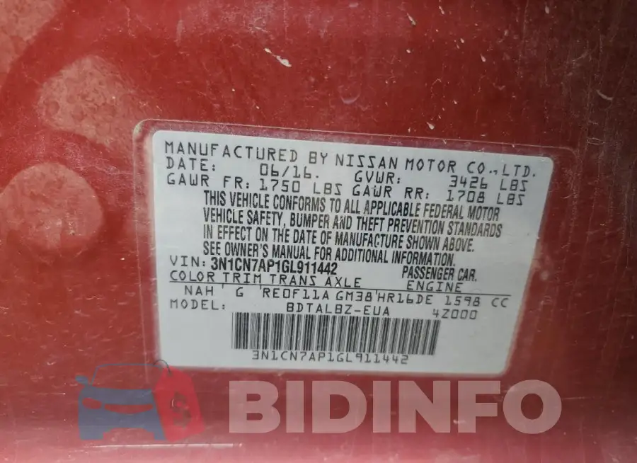 3N1CN7AP1GL911442 Photo# 13