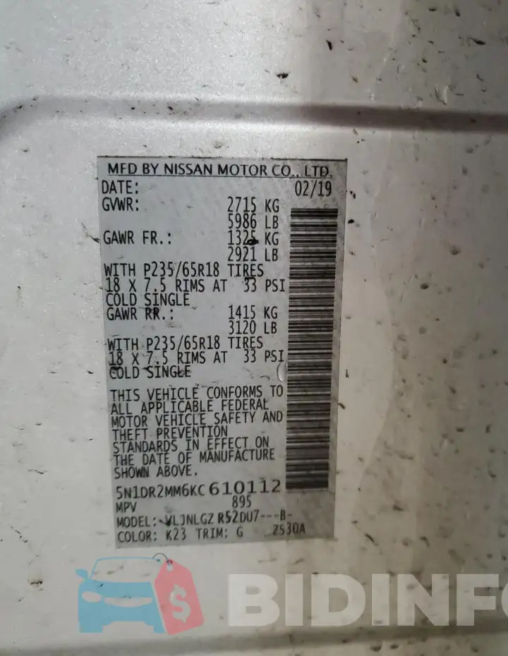 5N1DR2MM6KC610112 Photo# 13