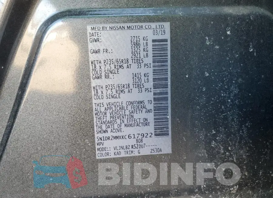 5N1DR2MMXKC617922 Photo# 13