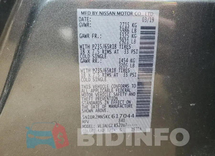 5N1DR2MN5KC617044 Photo# 13