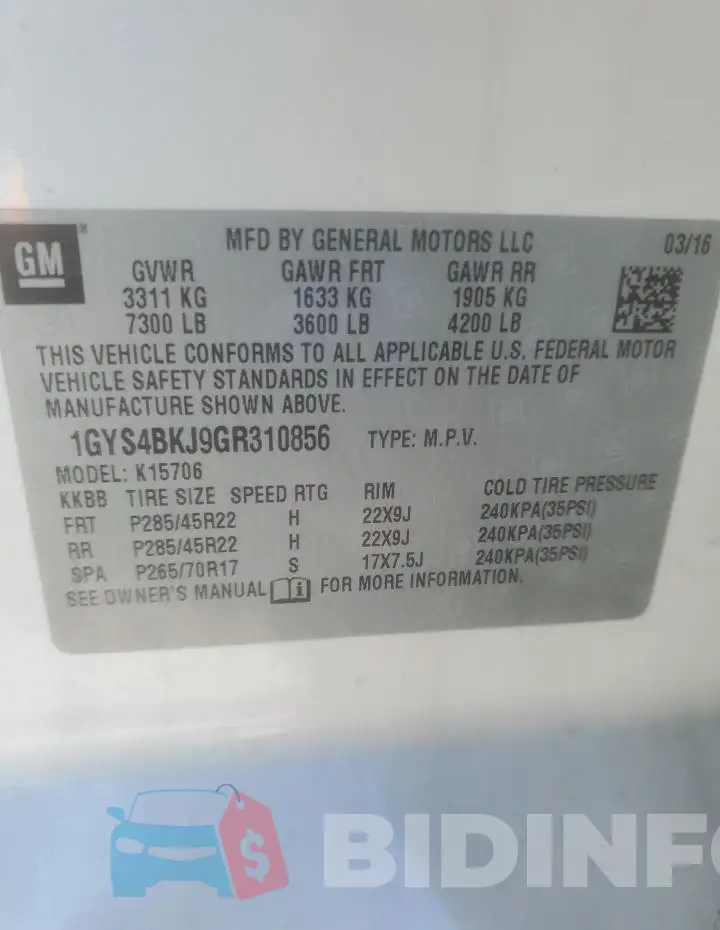 1GYS4BKJ9GR310856 Photo# 14