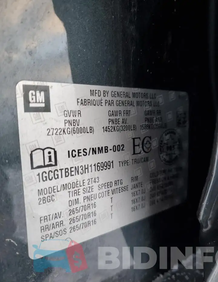 1GCGTBEN3H1169991 Photo# 12