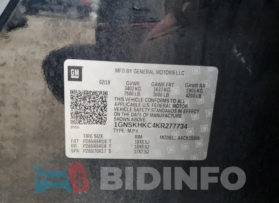 1GNSKHKC4KR277734 Photo# 14