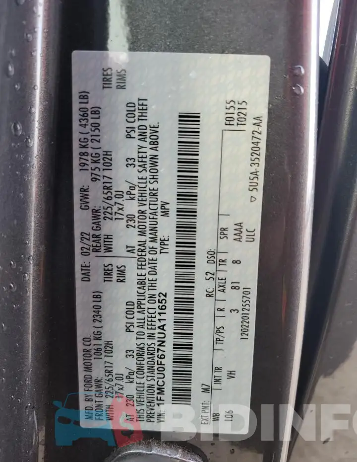 1FMCU0F67NUA11652 Photo# 13