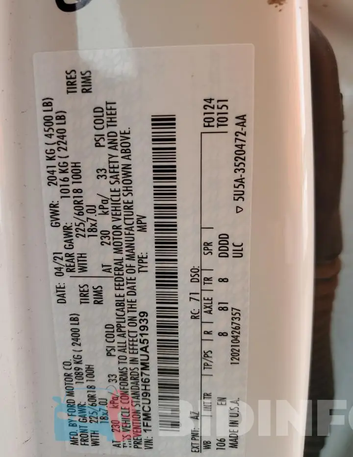 1FMCU9H67MUA51939 Photo# 13