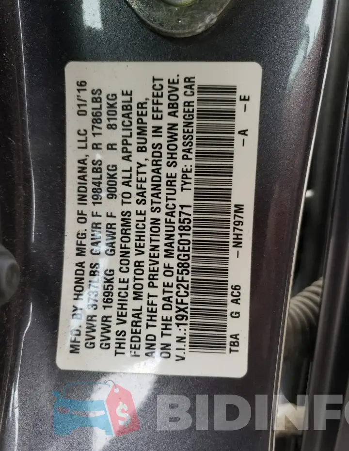 19XFC2F58GE018571 Photo# 12