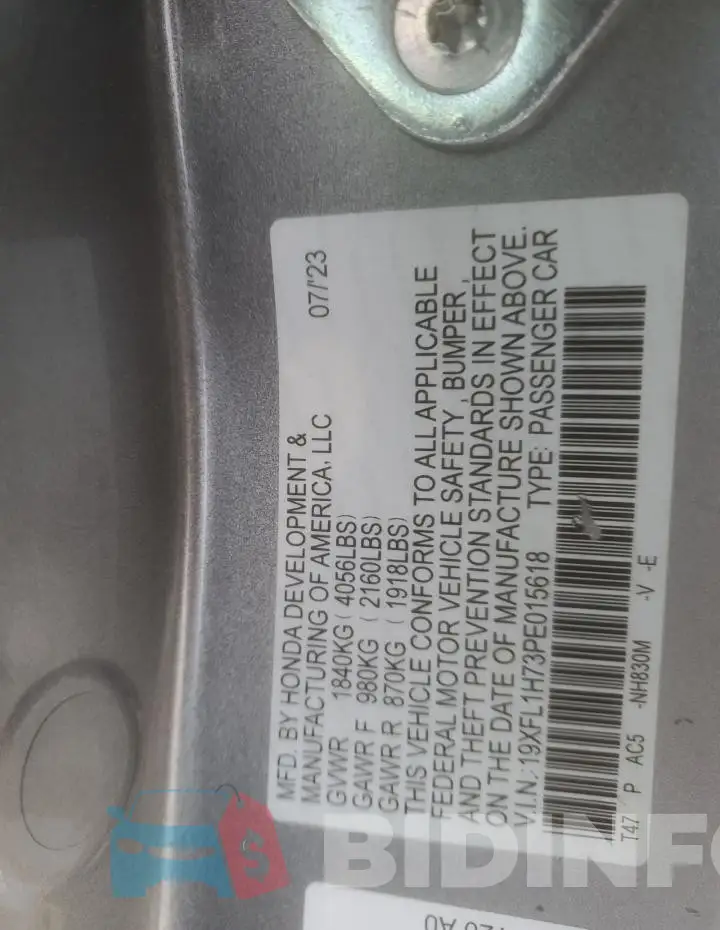 19XFL1H73PE015618 Photo# 12