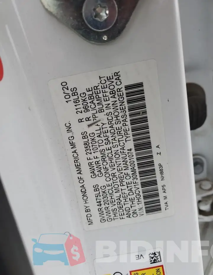 1HGCV1F30MA001074 Photo# 12