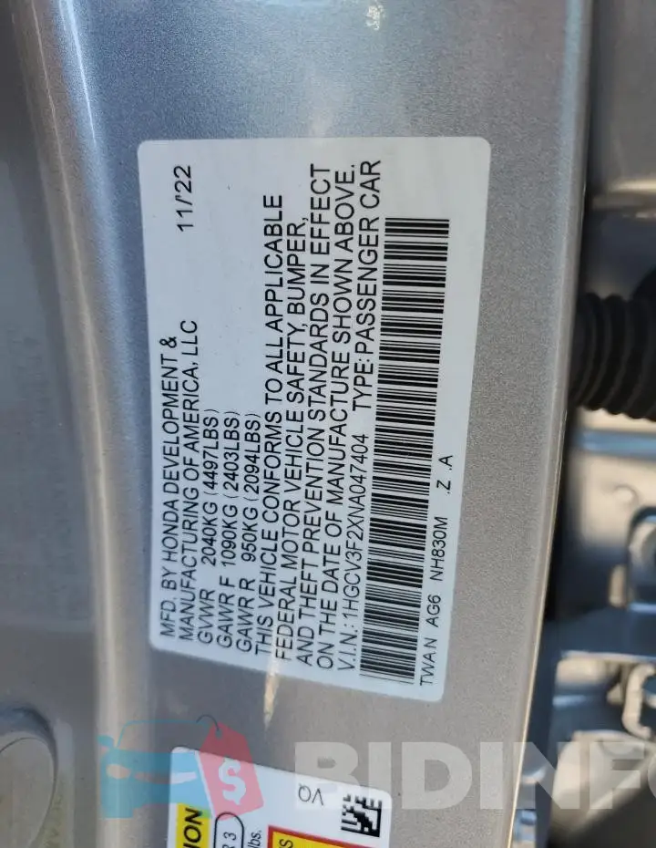 1HGCV3F2XNA047404 Photo# 12