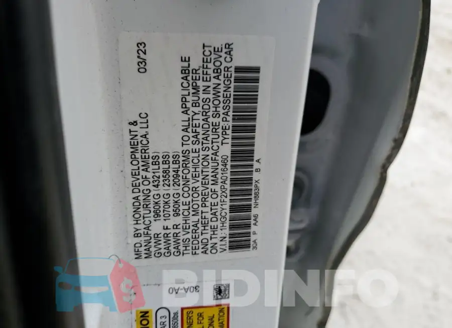 1HGCY1F2XPA016460 Photo# 12