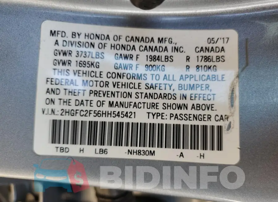 2HGFC2F56HH545421 Photo# 12