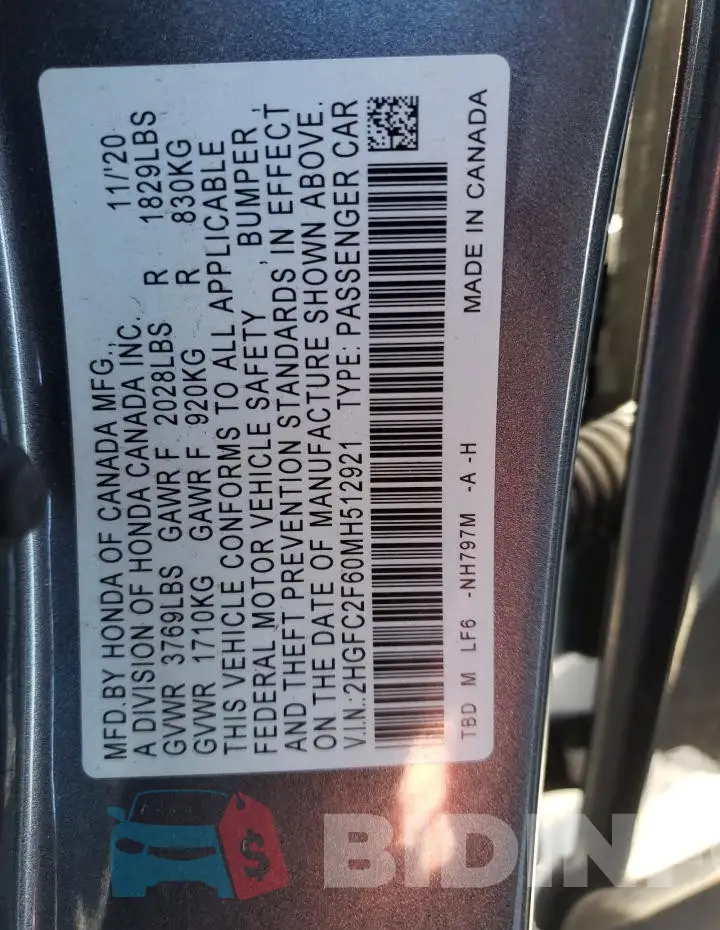 2HGFC2F60MH512921 Photo# 12