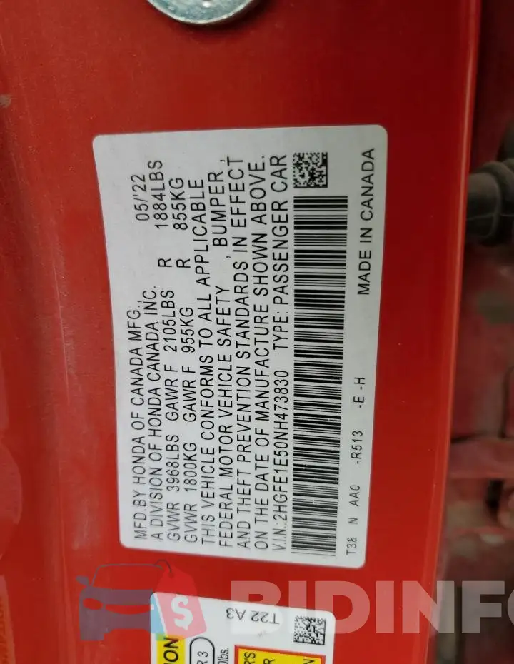 2HGFE1E50NH473830 Photo# 12
