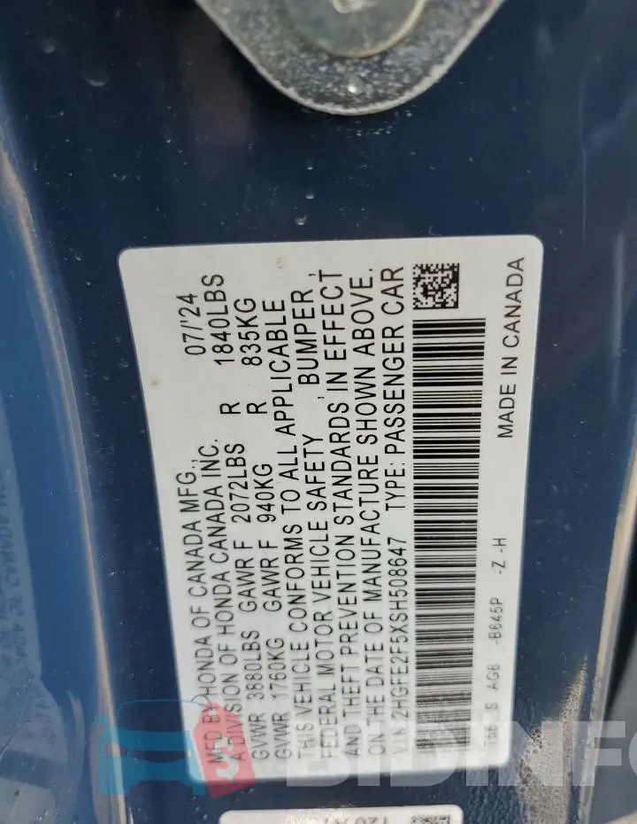 2HGFE2F5XSH508647 Photo# 12
