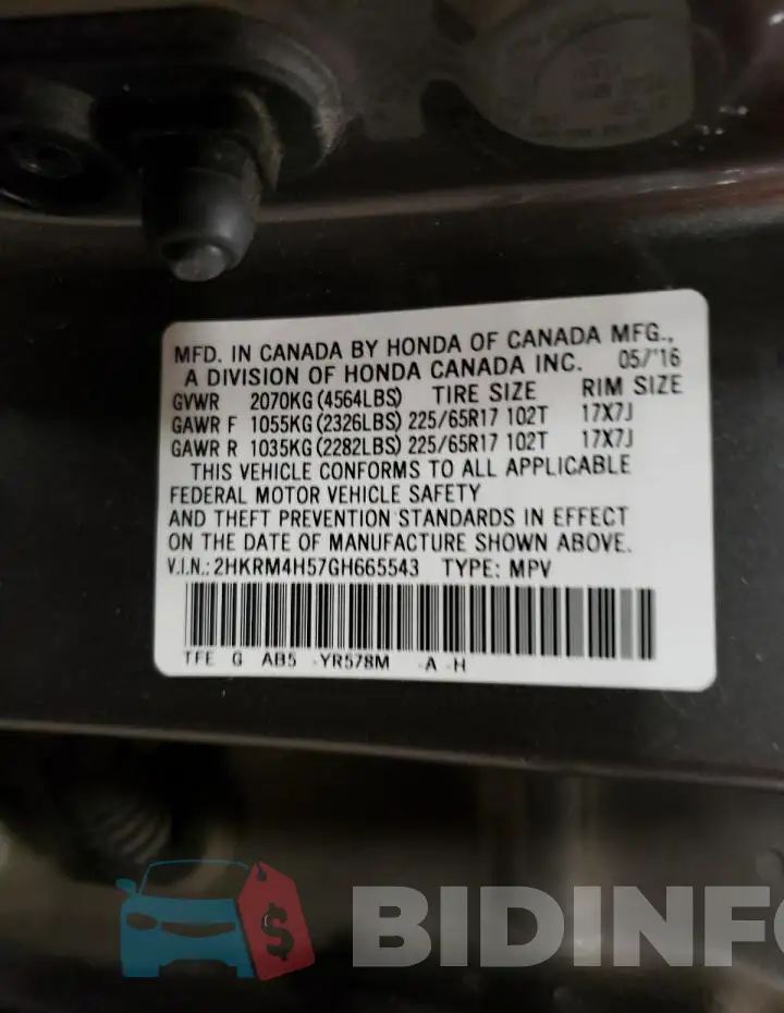 2HKRM4H57GH665543 Photo# 13